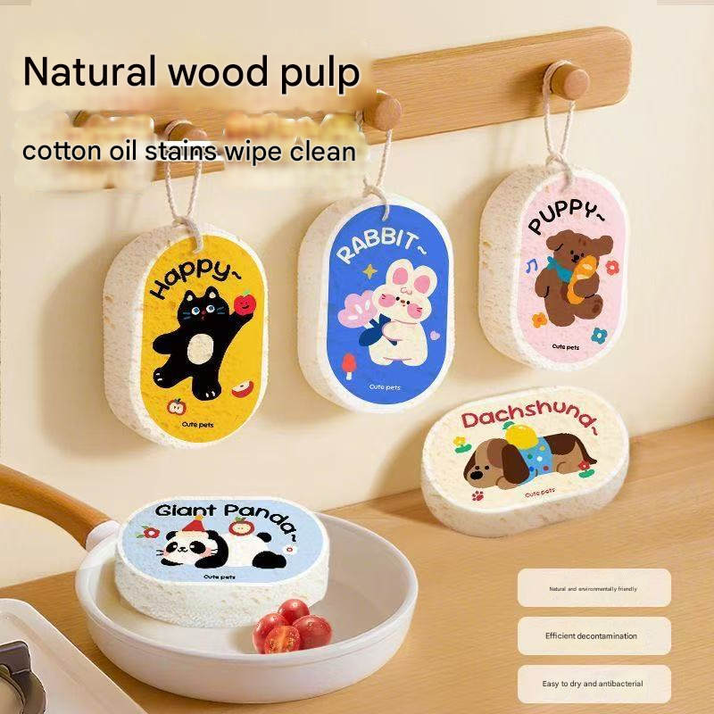 Biodegradable Cellulose Sponge | Cartoon Thickened Wood Pulp Dish Scrubber, Compressed & Highly Absorbent, No-Scratch Kitchen Cleaning Cloth