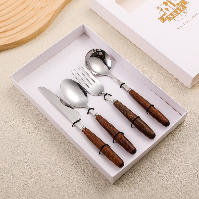 4-Piece Stainless Steel Cutlery Set with Retro Walnut Handles - Steak Knives, Forks, Dessert Spoons. Dishwasher-Safe, Ideal for American Western Dining -