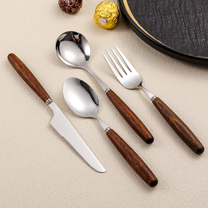 4-Piece Stainless Steel Cutlery Set with Retro Walnut Handles - Steak Knives, Forks, Dessert Spoons. Dishwasher-Safe, Ideal for American Western Dining -