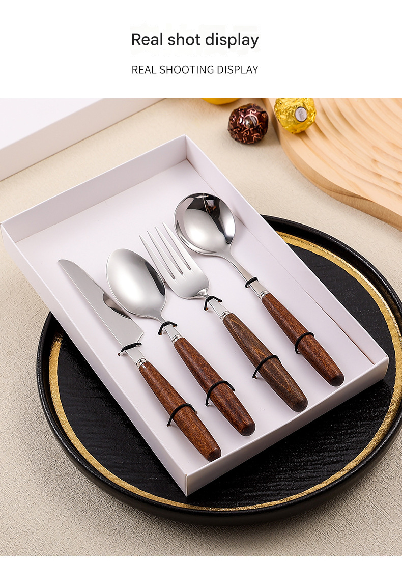 4-Piece Stainless Steel Cutlery Set with Retro Walnut Handles - Steak Knives, Forks, Dessert Spoons. Dishwasher-Safe, Ideal for American Western Dining -