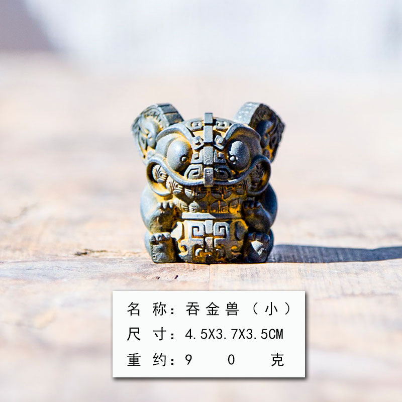 Chinese Guochao Gold Beast Decor – Handcrafted Faux Cast Iron, Mythical Desk Ornament for US Home Study, Auspicious Cultural Art