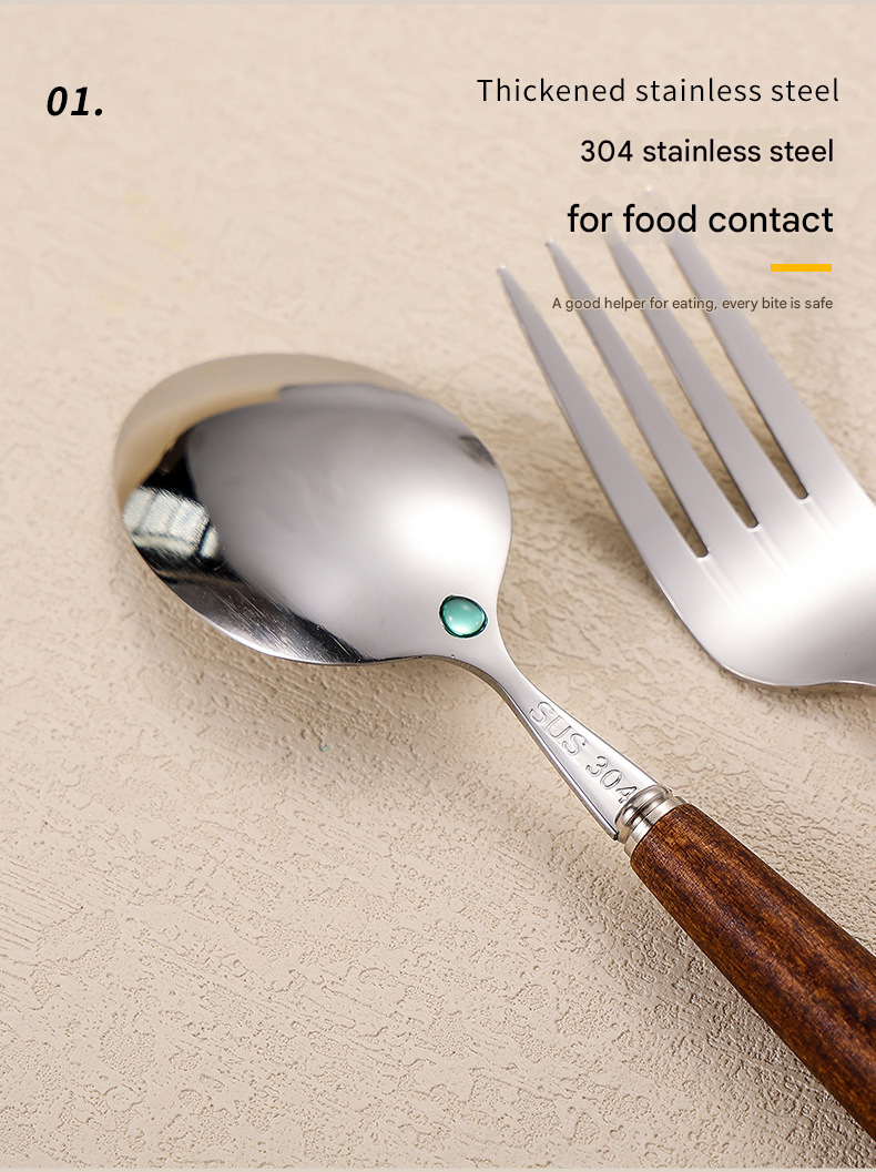4-Piece Stainless Steel Cutlery Set with Retro Walnut Handles - Steak Knives, Forks, Dessert Spoons. Dishwasher-Safe, Ideal for American Western Dining -