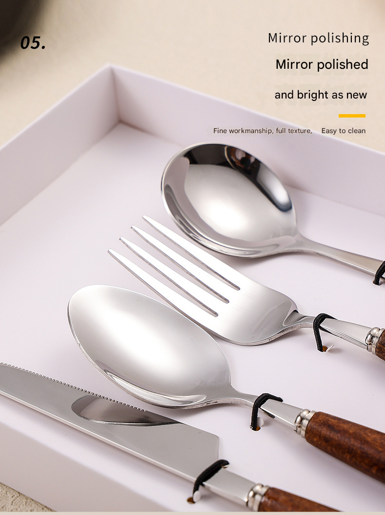 4-Piece Stainless Steel Cutlery Set with Retro Walnut Handles - Steak Knives, Forks, Dessert Spoons. Dishwasher-Safe, Ideal for American Western Dining -