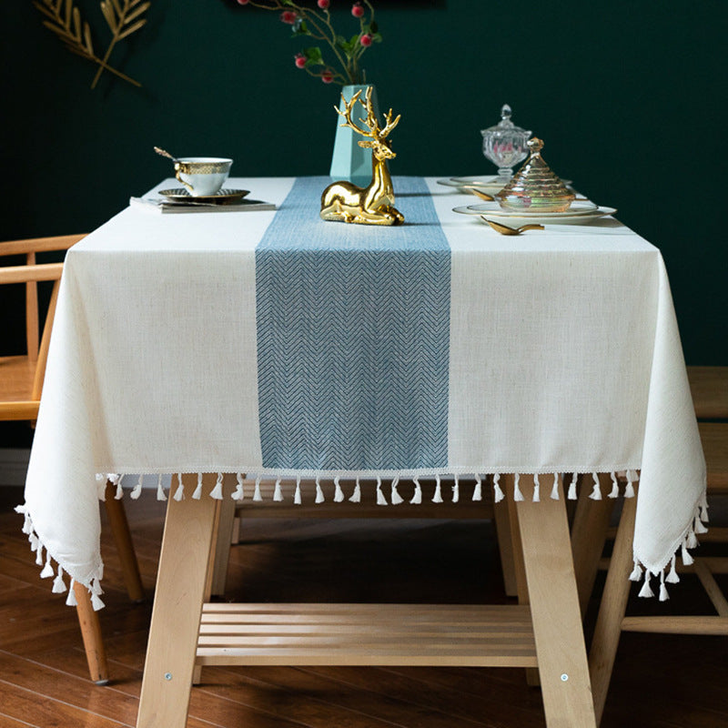 Linen Cotton Tablecloth | European-American Style Striped Table Cover with Lace, Square Dining Table & Coffee Table Mat, Ready to Ship