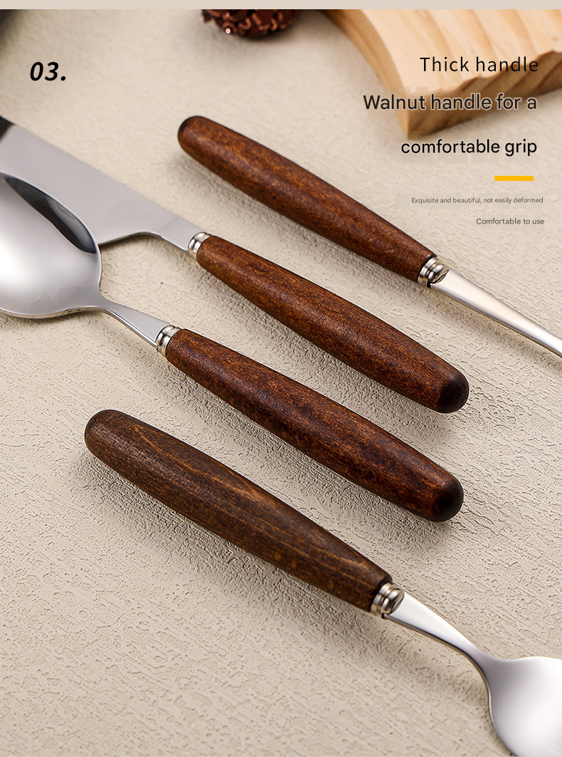 4-Piece Stainless Steel Cutlery Set with Retro Walnut Handles - Steak Knives, Forks, Dessert Spoons. Dishwasher-Safe, Ideal for American Western Dining -