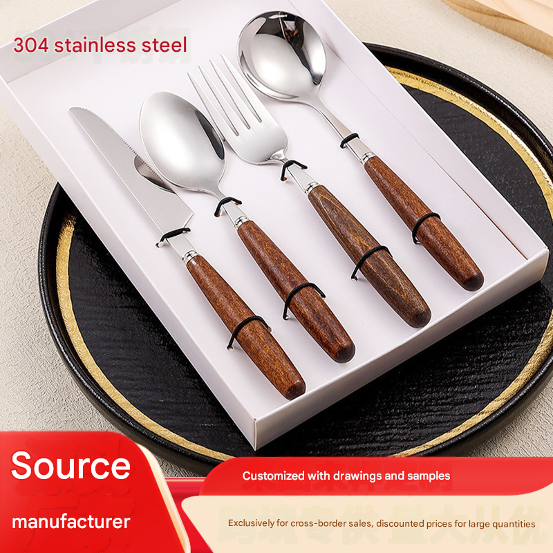 4-Piece Stainless Steel Cutlery Set with Retro Walnut Handles - Steak Knives, Forks, Dessert Spoons. Dishwasher-Safe, Ideal for American Western Dining -