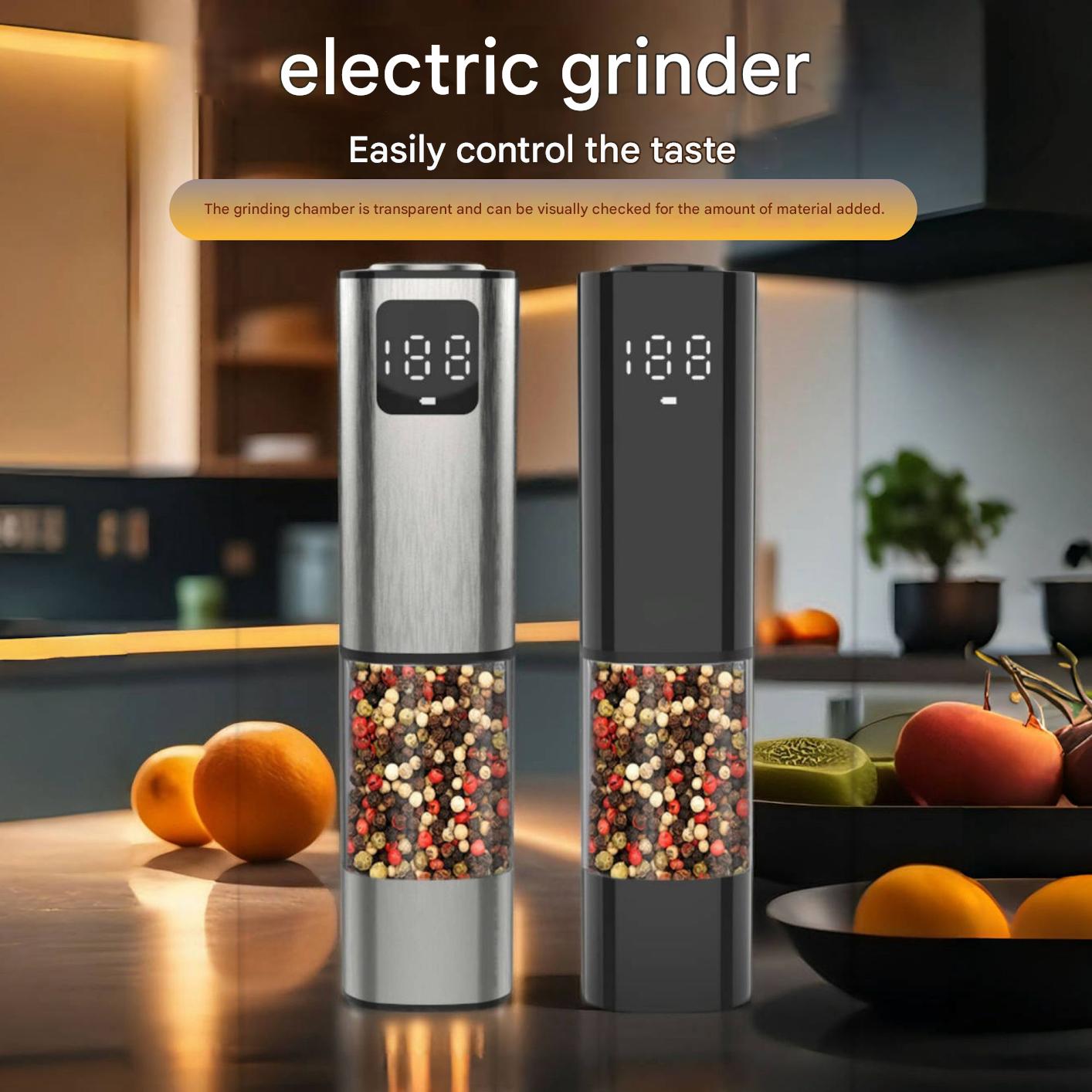Gravity-Activated Electric Pepper Grinder – Stainless Steel, Salt/Pepper Use, LED Light