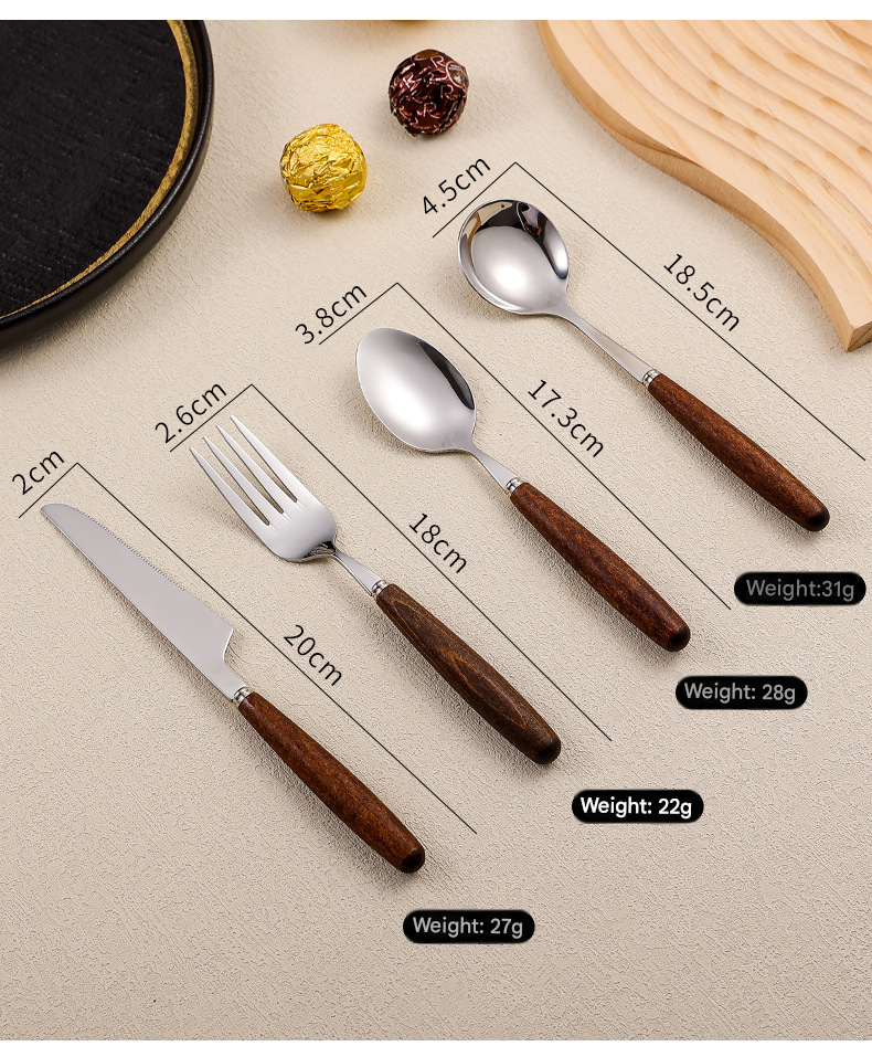4-Piece Stainless Steel Cutlery Set with Retro Walnut Handles - Steak Knives, Forks, Dessert Spoons. Dishwasher-Safe, Ideal for American Western Dining -