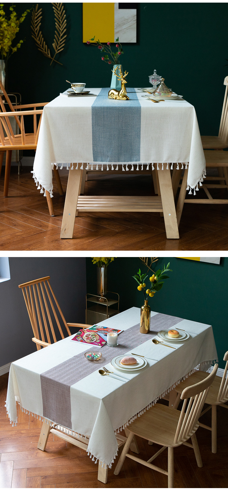 Linen Cotton Tablecloth | European-American Style Striped Table Cover with Lace, Square Dining Table & Coffee Table Mat, Ready to Ship