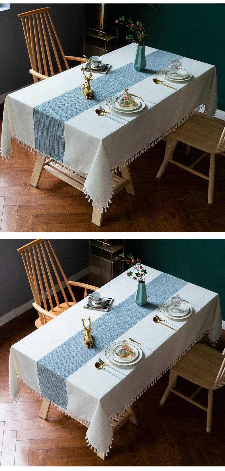 Linen Cotton Tablecloth | European-American Style Striped Table Cover with Lace, Square Dining Table & Coffee Table Mat, Ready to Ship