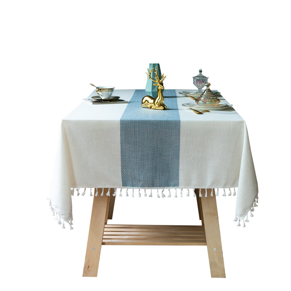 Linen Cotton Tablecloth | European-American Style Striped Table Cover with Lace, Square Dining Table & Coffee Table Mat, Ready to Ship