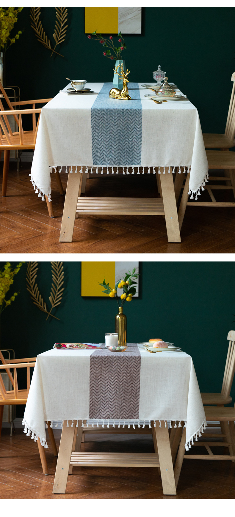 Linen Cotton Tablecloth | European-American Style Striped Table Cover with Lace, Square Dining Table & Coffee Table Mat, Ready to Ship
