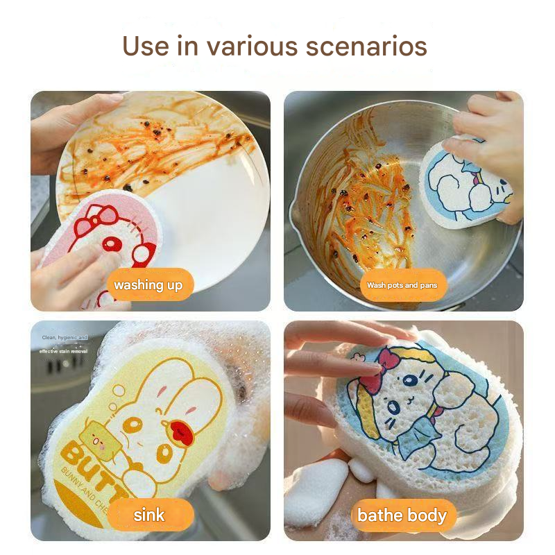 Biodegradable Cellulose Sponge | Cartoon Thickened Wood Pulp Dish Scrubber, Compressed & Highly Absorbent, No-Scratch Kitchen Cleaning Cloth