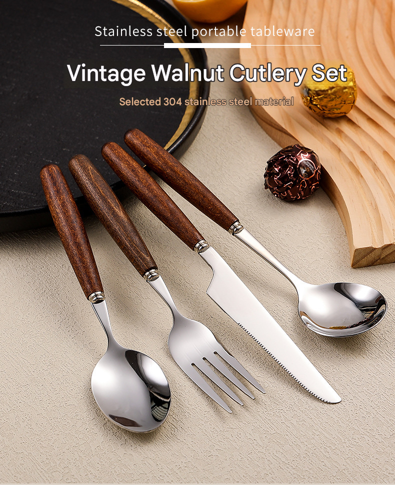 4-Piece Stainless Steel Cutlery Set with Retro Walnut Handles - Steak Knives, Forks, Dessert Spoons. Dishwasher-Safe, Ideal for American Western Dining -
