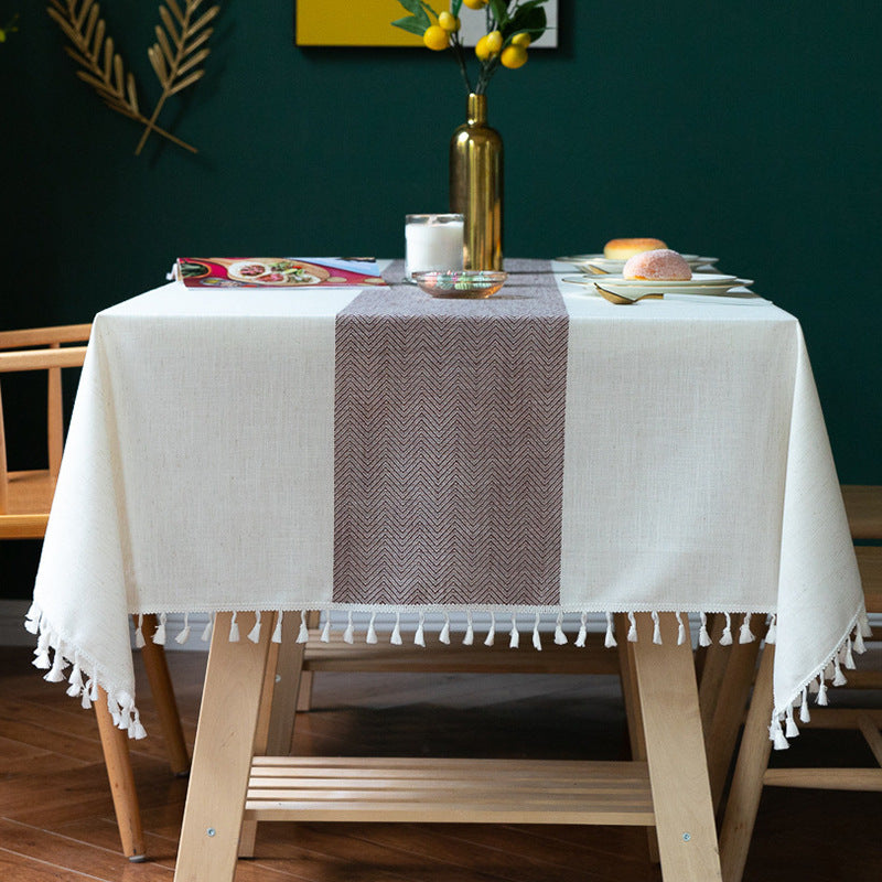 Linen Cotton Tablecloth | European-American Style Striped Table Cover with Lace, Square Dining Table & Coffee Table Mat, Ready to Ship