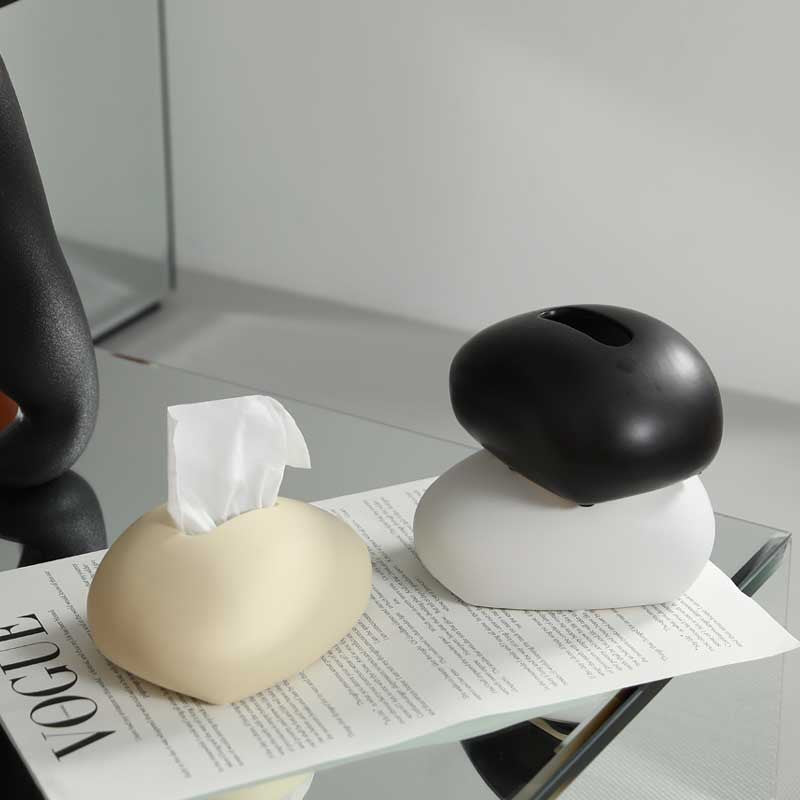 US Trendy Tissue Holder – Handmade Ceramic Napkin Box, Minimalist Black White Design, Cozy Home Vibe Decor for Living Room Coffee Table, Durable Tabletop Organizer