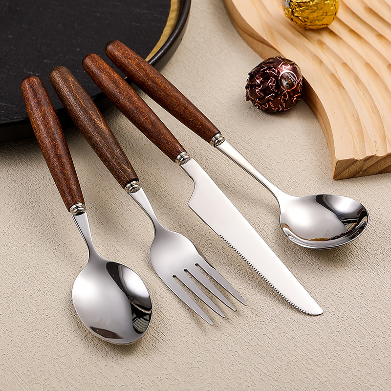 4-Piece Stainless Steel Cutlery Set with Retro Walnut Handles - Steak Knives, Forks, Dessert Spoons. Dishwasher-Safe, Ideal for American Western Dining -