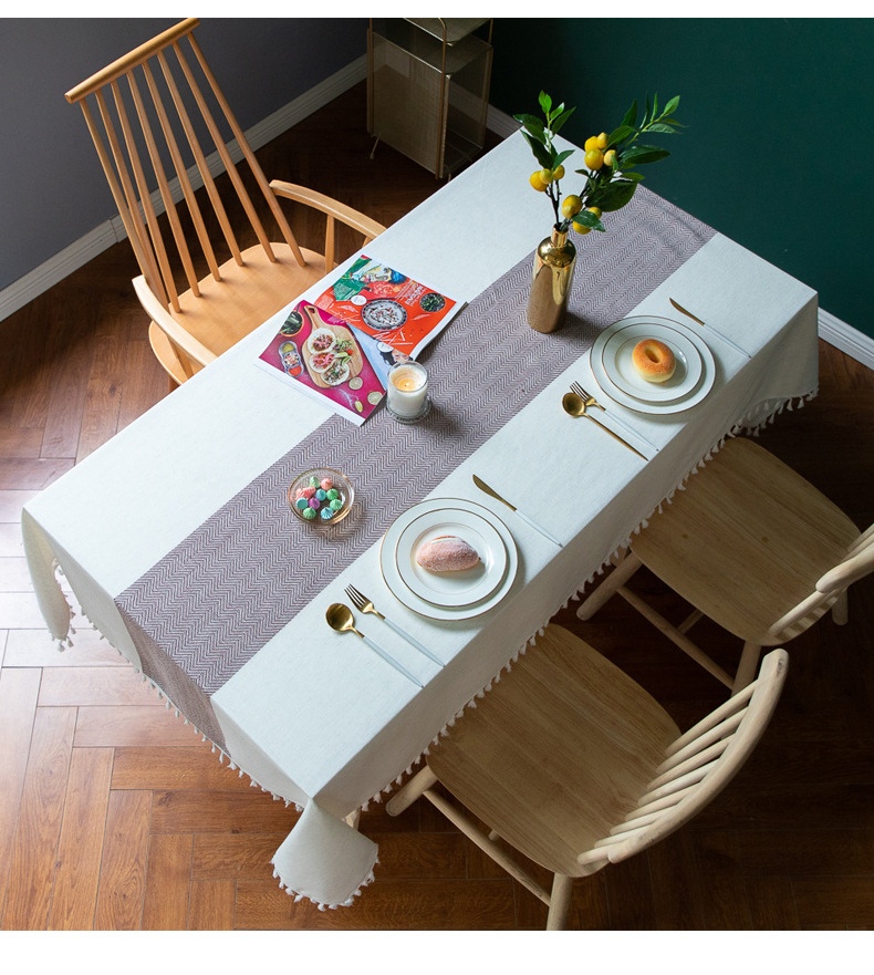 Linen Cotton Tablecloth | European-American Style Striped Table Cover with Lace, Square Dining Table & Coffee Table Mat, Ready to Ship