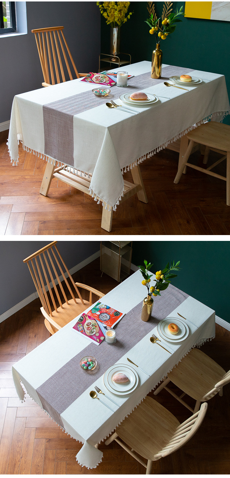 Linen Cotton Tablecloth | European-American Style Striped Table Cover with Lace, Square Dining Table & Coffee Table Mat, Ready to Ship