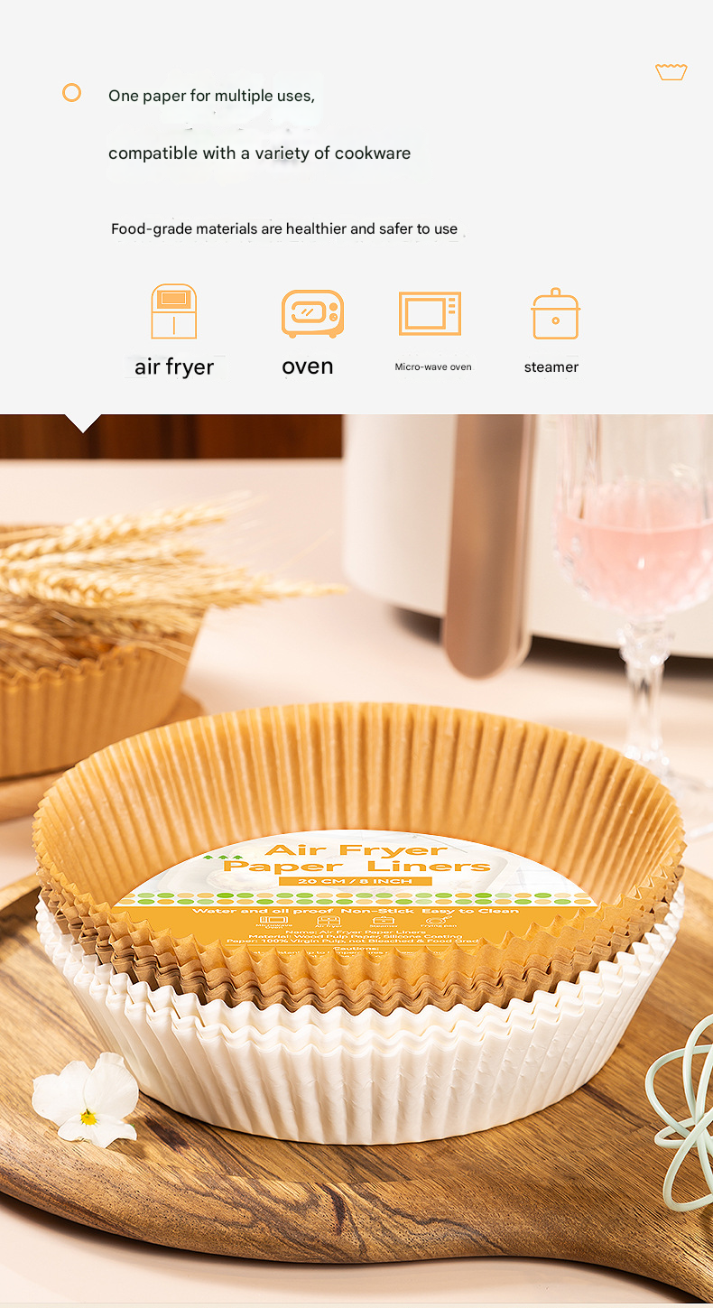 36g Round Air Fryer Liners – Food-Safe Silicone Parchment, Non-Stick, High-Heat Resistant (230℃), Disposable Pads for Easy Clean-Up, Bulk for US Kitchens