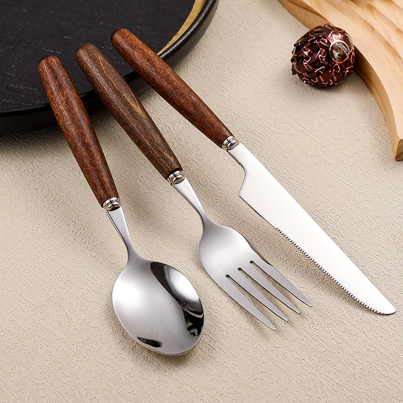 4-Piece Stainless Steel Cutlery Set with Retro Walnut Handles - Steak Knives, Forks, Dessert Spoons. Dishwasher-Safe, Ideal for American Western Dining -