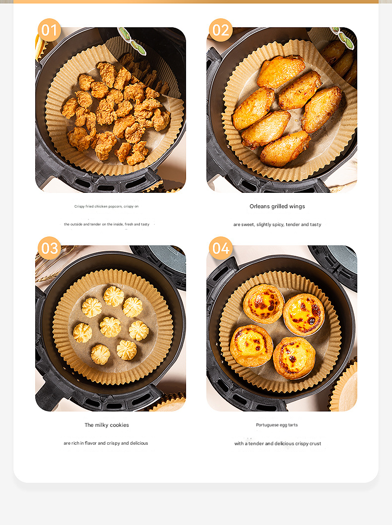 36g Round Air Fryer Liners – Food-Safe Silicone Parchment, Non-Stick, High-Heat Resistant (230℃), Disposable Pads for Easy Clean-Up, Bulk for US Kitchens