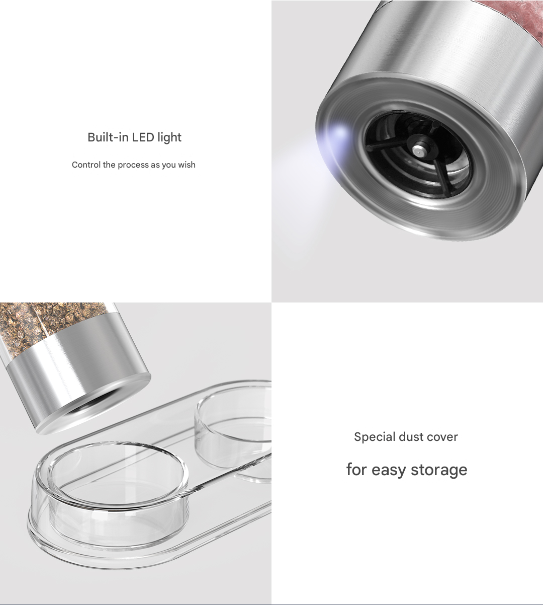 Gravity-Activated Electric Pepper Grinder – Stainless Steel, Salt/Pepper Use, LED Light