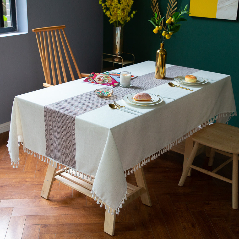 Linen Cotton Tablecloth | European-American Style Striped Table Cover with Lace, Square Dining Table & Coffee Table Mat, Ready to Ship