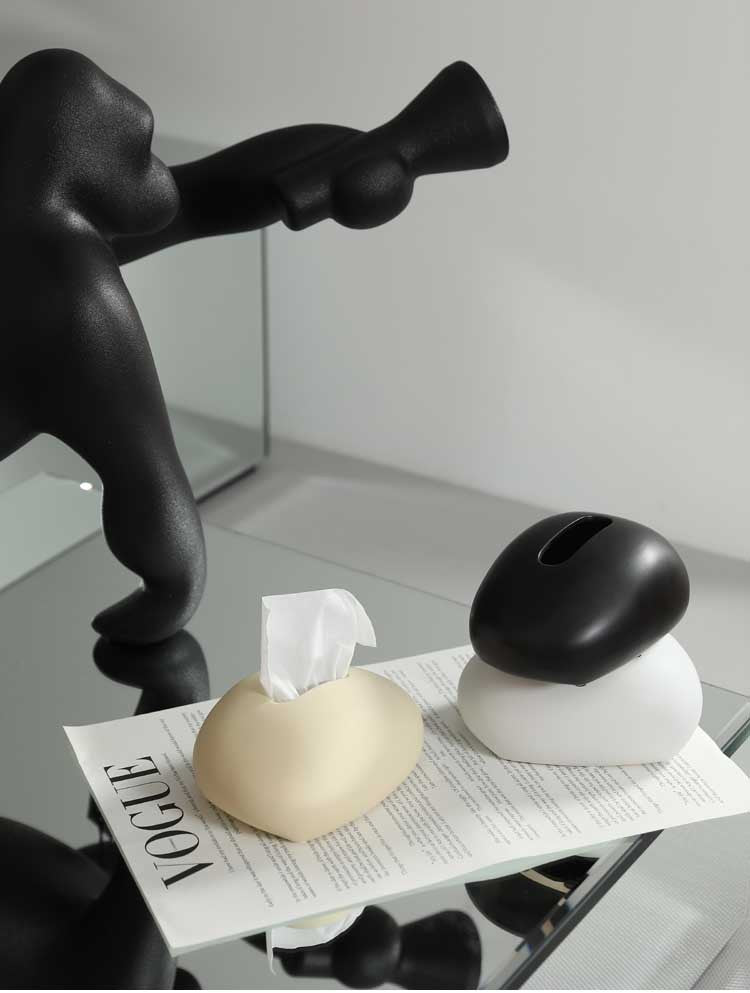 US Trendy Tissue Holder – Handmade Ceramic Napkin Box, Minimalist Black White Design, Cozy Home Vibe Decor for Living Room Coffee Table, Durable Tabletop Organizer