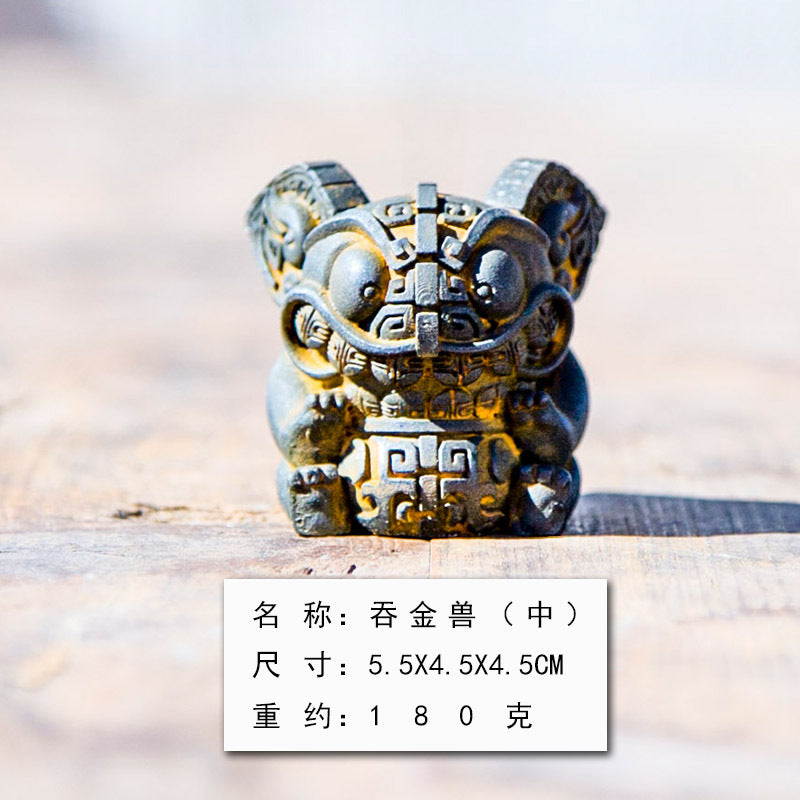 Chinese Guochao Gold Beast Decor – Handcrafted Faux Cast Iron, Mythical Desk Ornament for US Home Study, Auspicious Cultural Art
